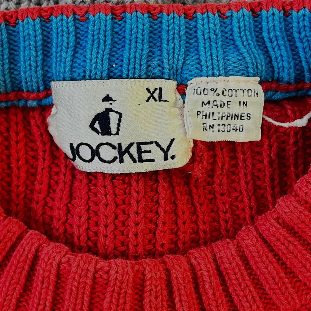 VTG 80s Jockey Shaker Knit Pullover Sweater Mens Tag Reads XL Runs Small Red/Blu